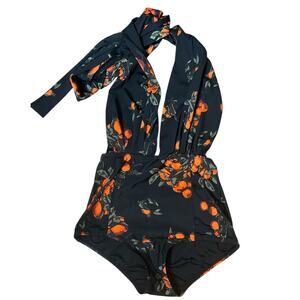 NEW Cocoship Black Orange Floral Sexy One Piece Swimsuit Size 8 Deep Plunge